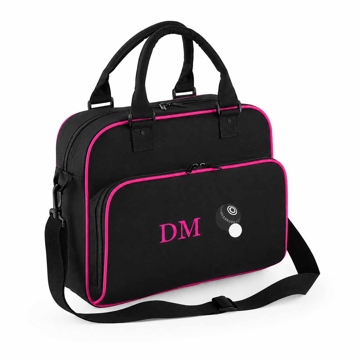 Personalised Crown Green Bowls Bag. Embroidered Initials & Motif 15L for Bowls and Equipment Black/Fuchsia