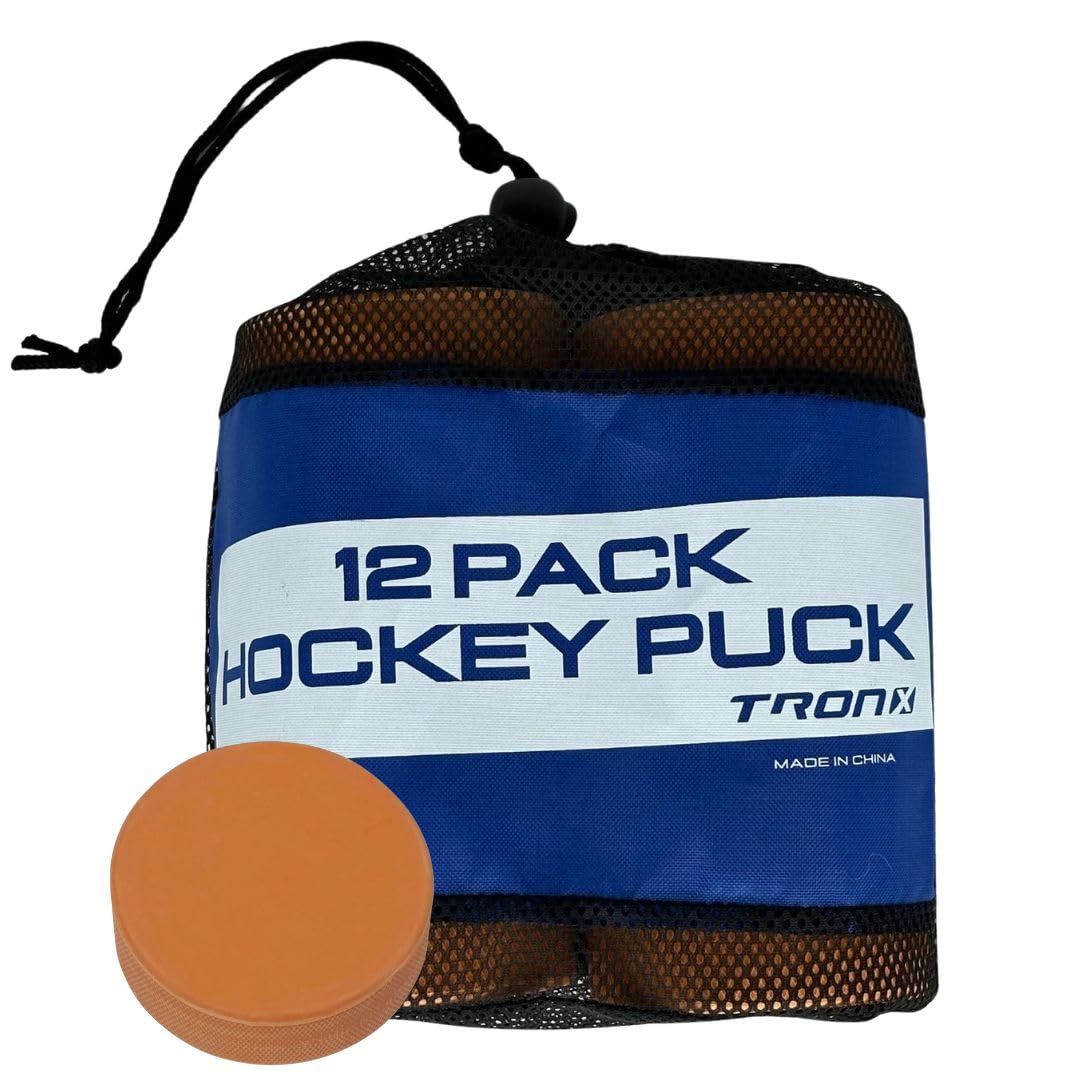 TronX Weighted Orange Ice Hockey Pucks - Heavy Training Puck with Mesh Carrying Bag | Official Size | Great for Stick Handling & Training Drills (Orange 12-Pack)