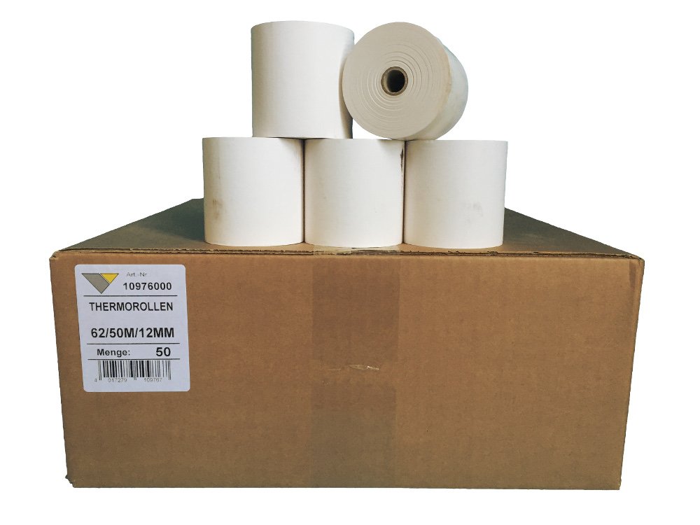 Rollos de papel térmico sin imprimir 62 mm x 50 m x 12 mm [rollo de 63 mm de diámetro] impresora suave 55 g/m²