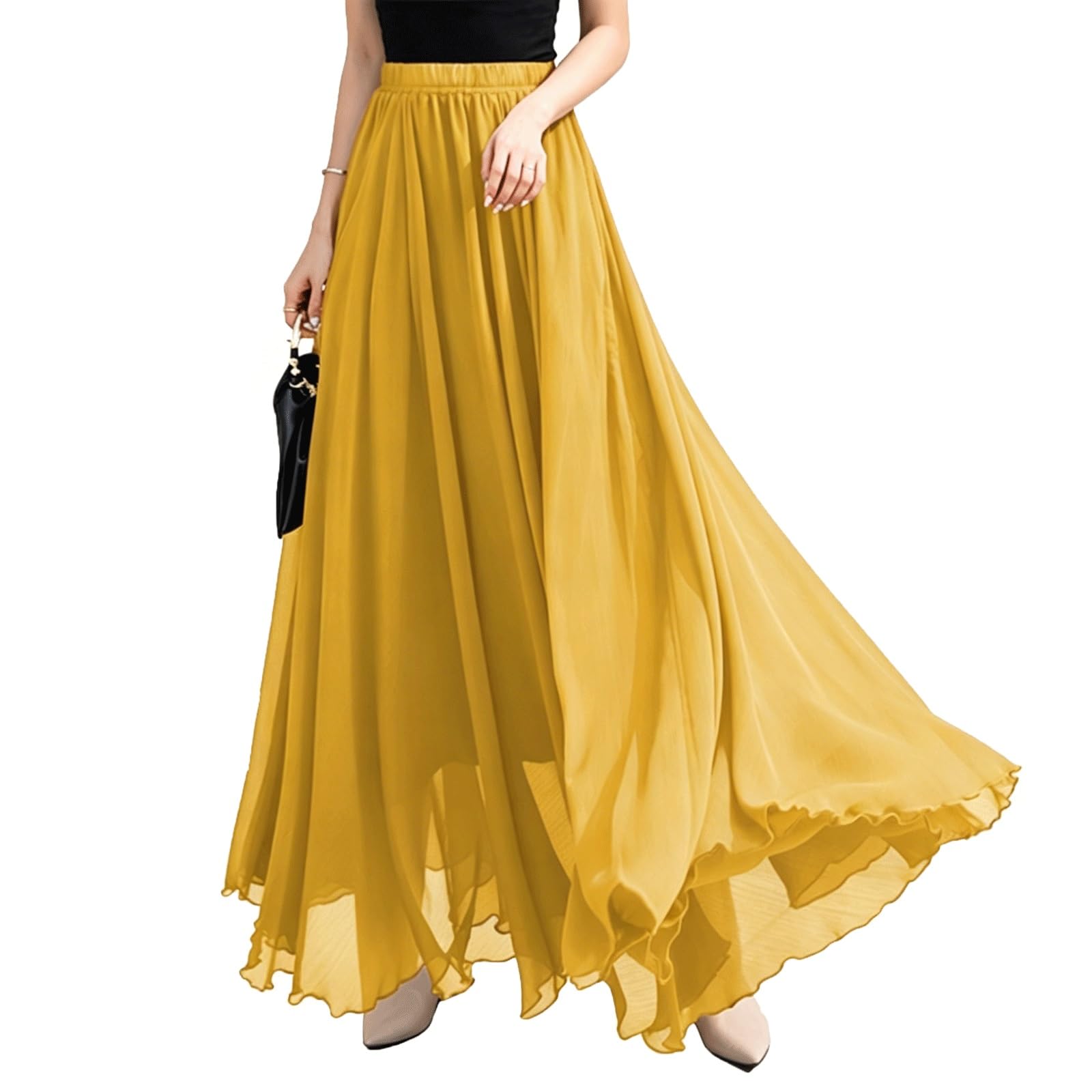 DUddTTW Solid Color Women's Maxi Skirts High Waisted Midi Swing Skirt Casual(Gelb,Lagre)