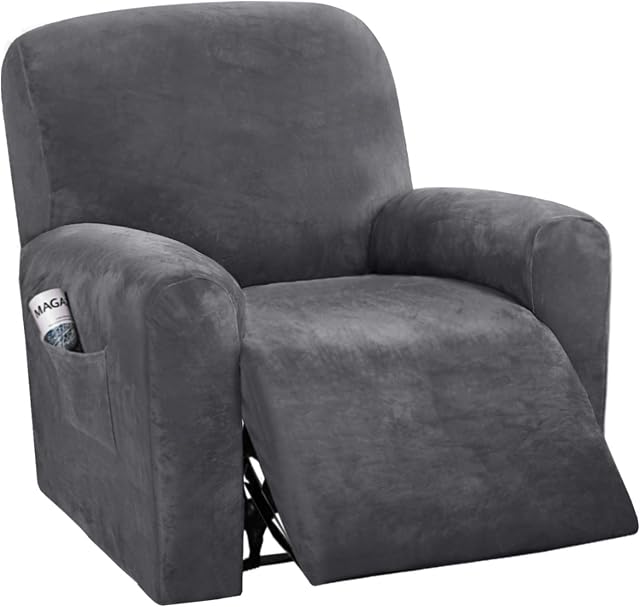 Velvet Plush Couch Cover for Recliner Slipcover Stylish Luxury Furniture Covers 1-Piece Furniture Protector Washable for Pets and Kids Spandex Slipcover&Couch Cover for Dogs(Recliner, Gray)