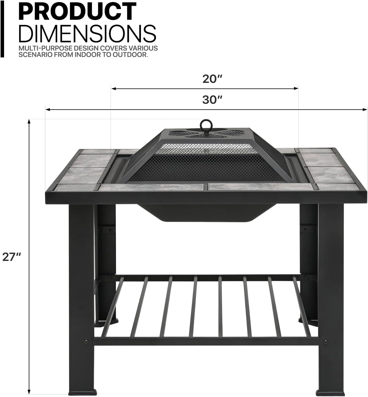 MoNiBloom 30" Protable Fire Pit Table Square Metal Firepit Patio Wood Burning Fireplace Garden Stove with Charcoal Rack Mesh Cover for Camping Bonfire Backyard BBQ, Black : Patio, Lawn & Garden