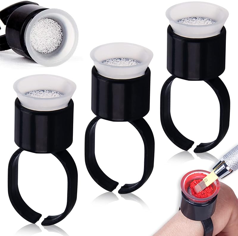 Tazas de anillo de tinta - 50 piezas Anillos de pigmento Microblading Anillos de pegamento de pigmento con esponja Tazas de tinta Tapas Maquillaje permanente Tatuaje Pestañas Extensiones de cejas Soporte mediano para suministros de Microblading
