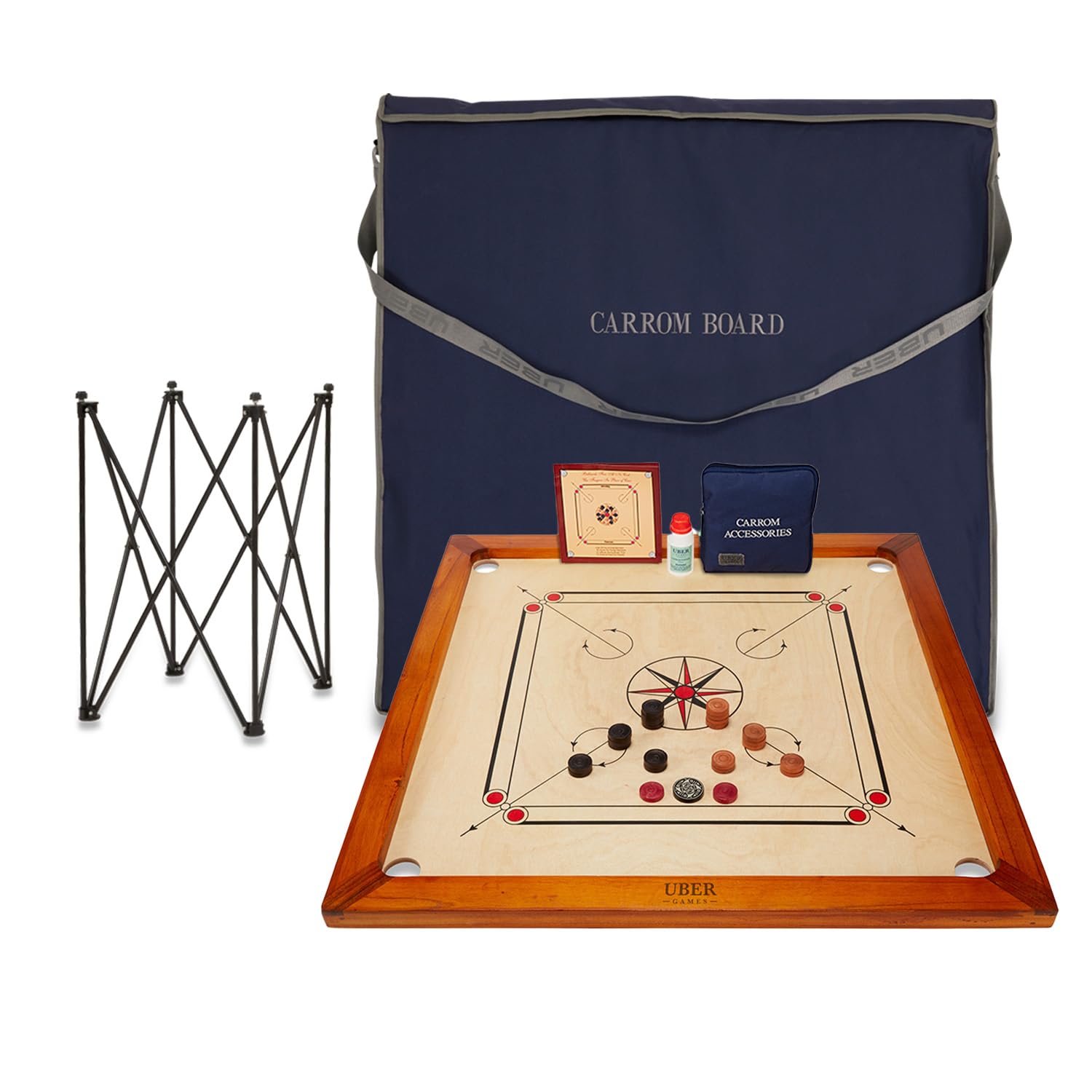 Uber Games Premium Carrom Board Set - 78 x 78 cm Official Size Playing Board Including All - Hardwood Edges for Better Rebound - Made in India (Board + Bag + Table)