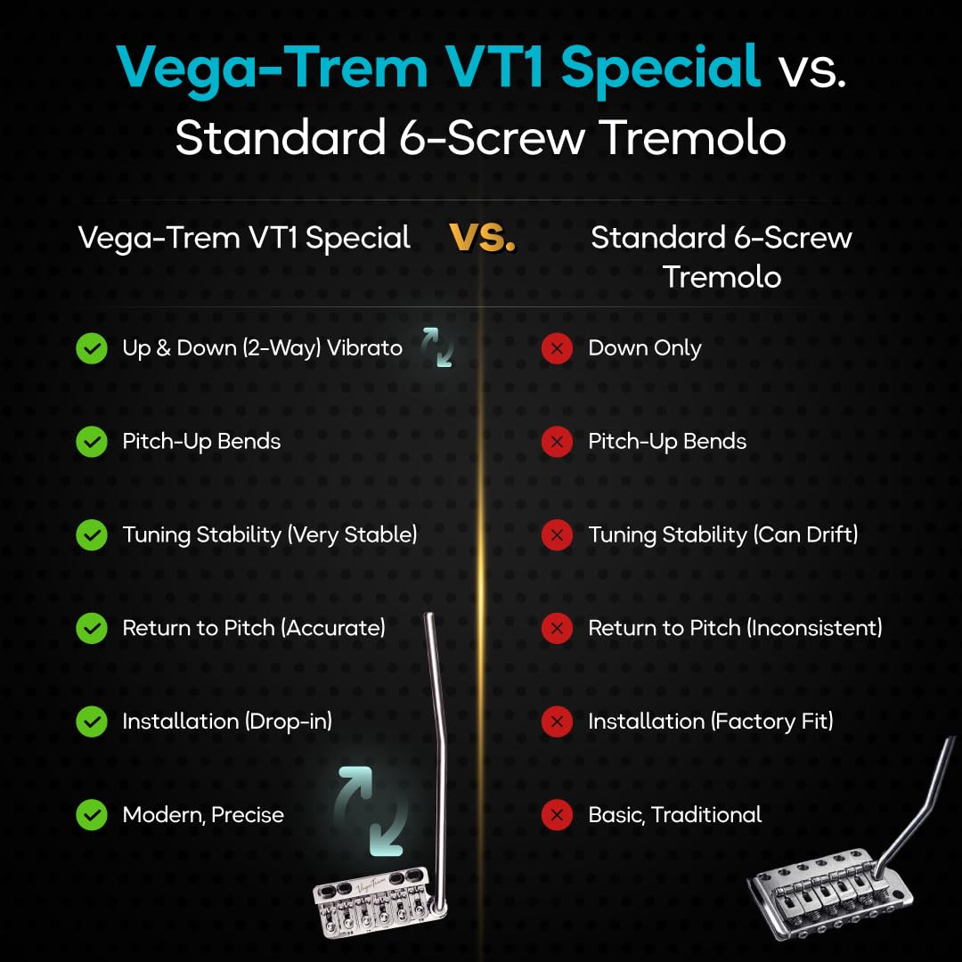 Vega Trem VT1 Special Linkshänder Gitarre 6 Schrauben Tremolo Bridge für Strat | Drop-in 6-Schrauben-No-Mod-Ersatz, 2-Wege-Vibrato, stabile Stimmung, Messingblock, glänzendes Finish