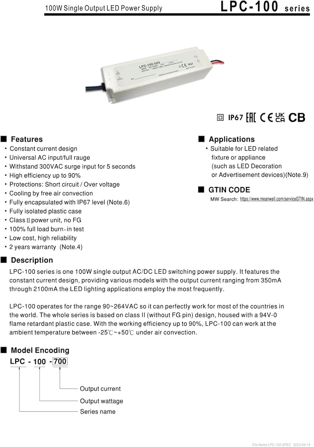 Switching Supply LPC-100-700 LPC-100-1400 LPC-100-2100 100W(LPC-100-1400)