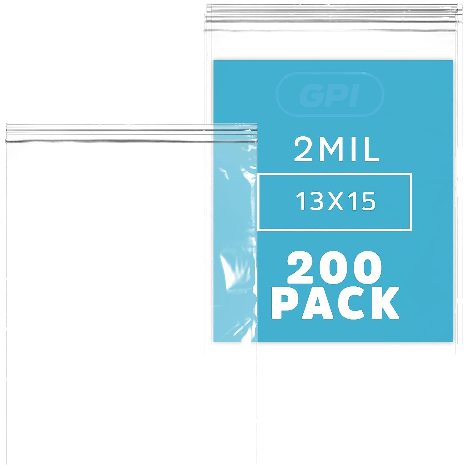 GPI PACK of 200, 2 Gallon, 13" x 15", CLEAR PLASTIC RECLOSABLE ZIP BAGS - Bulk 2 mil, Large, Strong & Durable Poly Baggies with Resealable Zip Top Lock for Travel, Storage, Packaging & Shipping.