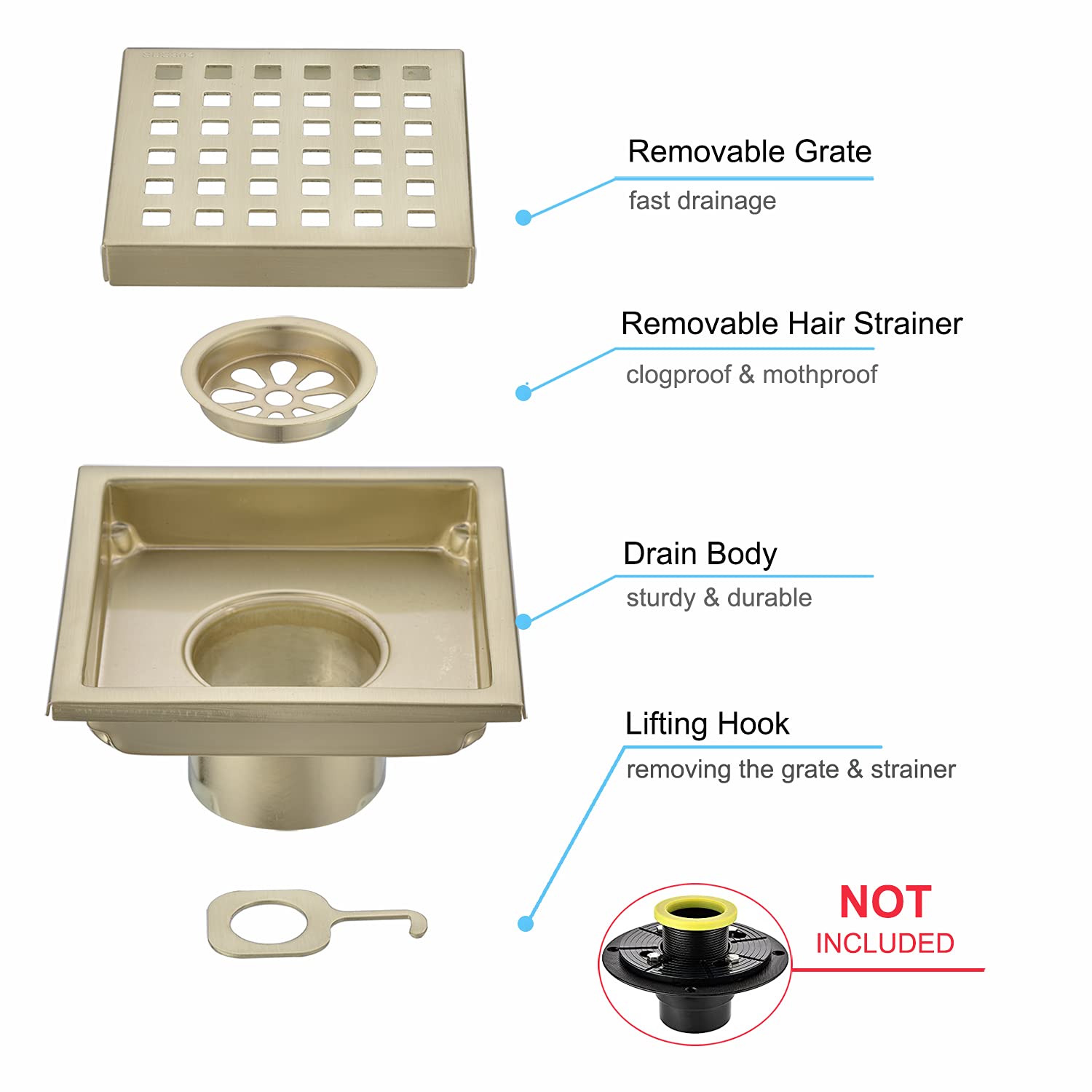 Buy Square Shower Drain 4 inch, Nicmondo Floor Waste Drain Point Center