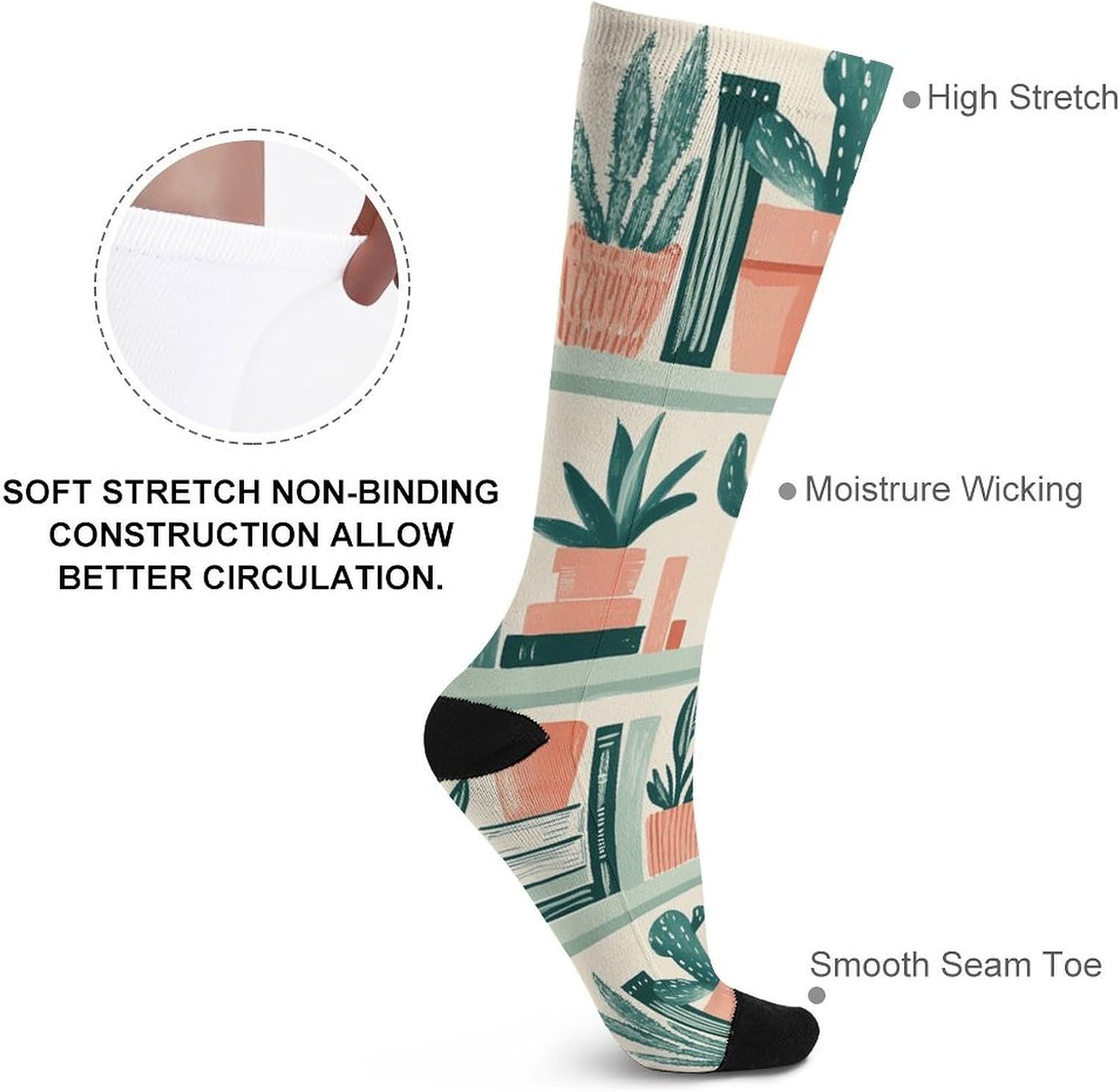 Succulents Potted Plants Books Knee High Socks Athletic Long Stockings Sport Casual Crew Tube Sock Boot 46cm