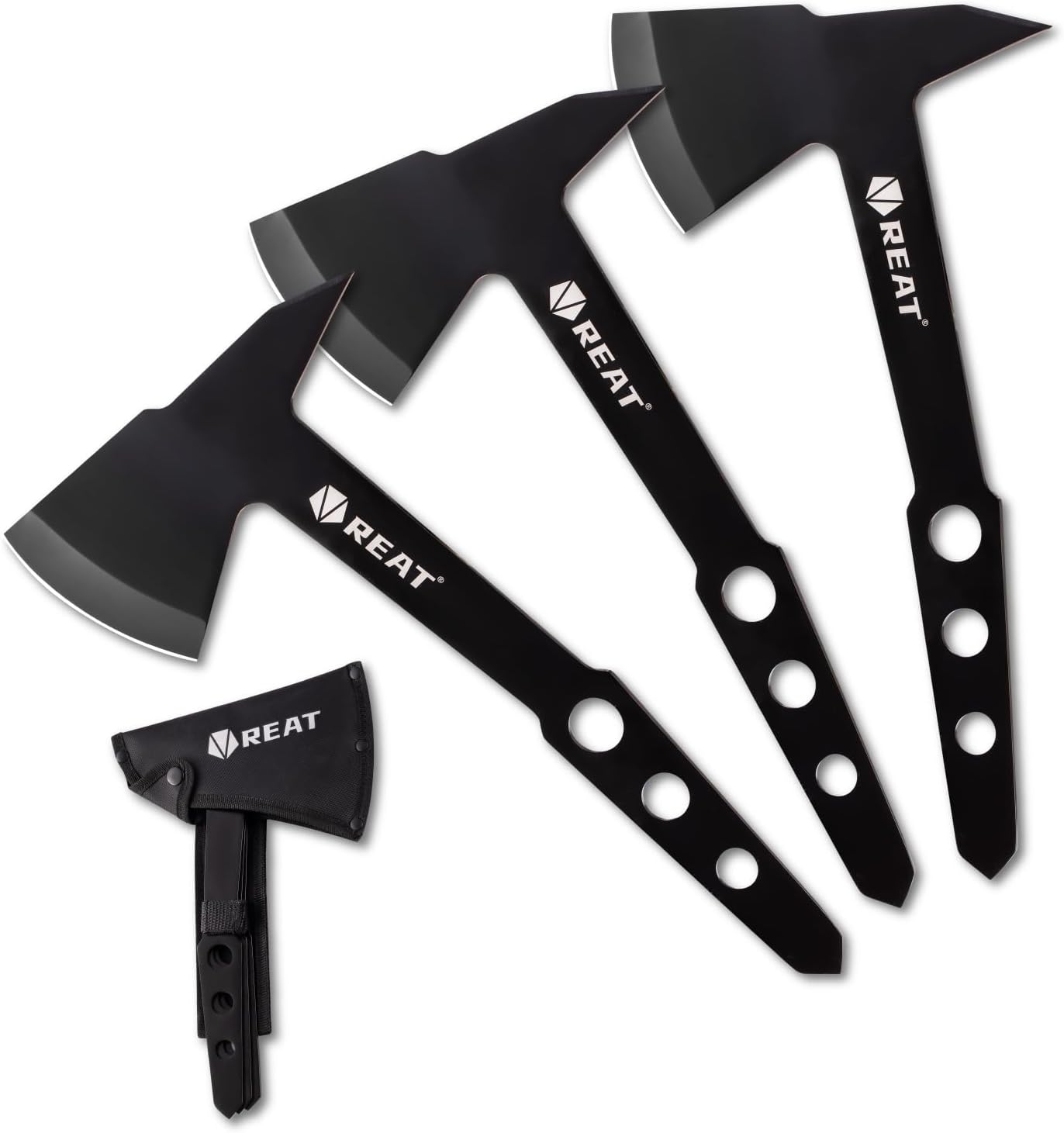 REAT Hacha de lanzamiento de 3 unidades con funda, diseño de espiga completa de 10.5 pulgadas con revestimiento negro para juego de lanzamiento de