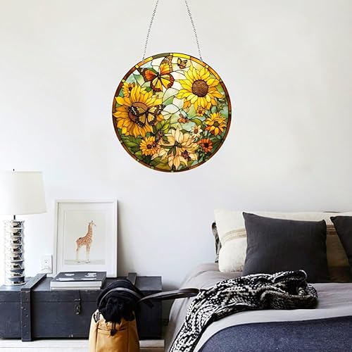 Miniatura 3 de LUSandy DIY 5D Girasol Mariposa Diamante Kits de Pintura Colgante Letrero Arte de Pared Arte de Diamante Atrapasoles Ventana Colgantes Colgantes de