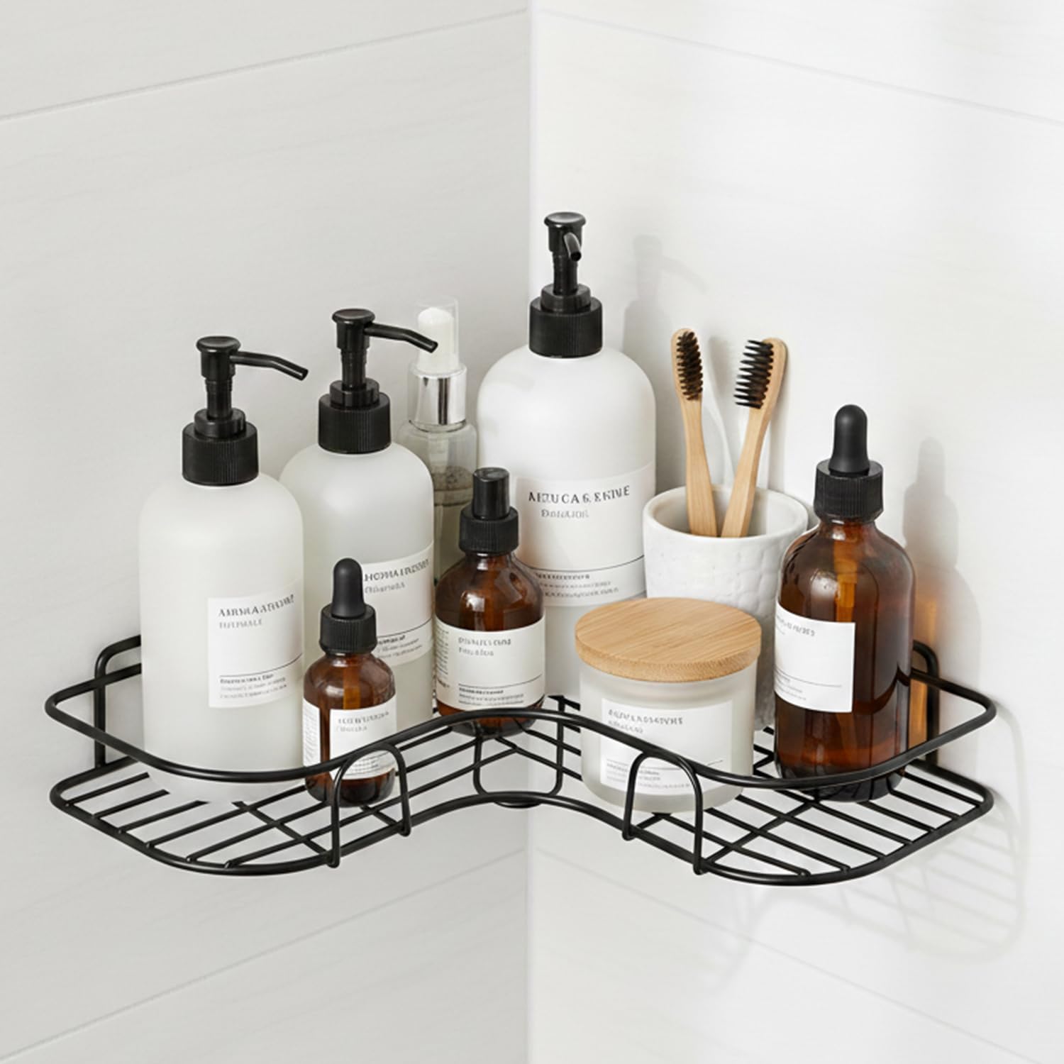 Zureni Self Adhesive Bathroom Shelf Corner Storage Rack Without Drill Wall Mounted Shelves for Shampoo Soap Accessories (Pack of 1, Black)-image-26