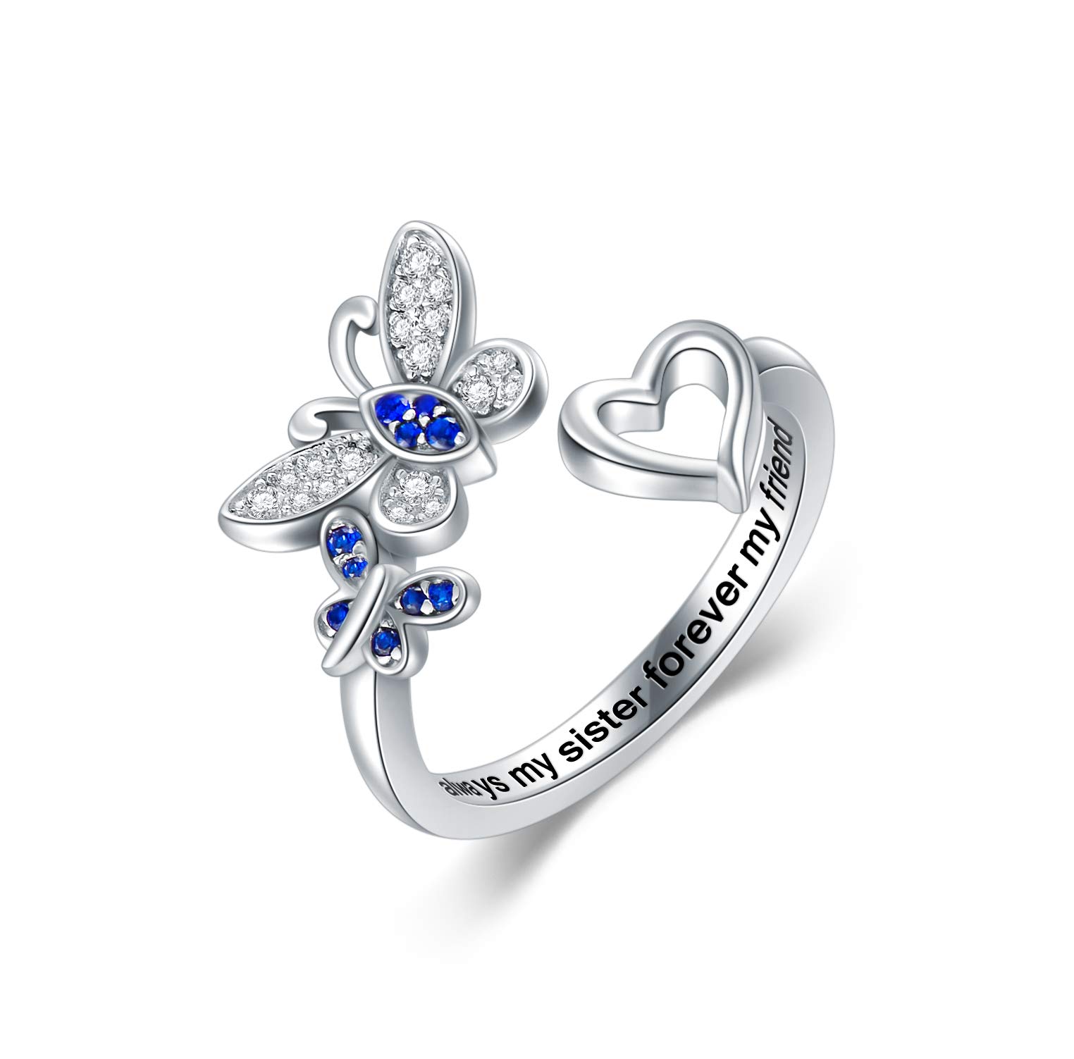 PEIMKO 925 Sterling Silver Butterfly Sister Rings, Always My Sister Forever My Friend Ring Gift for Sisters Best Friends Adjustable Rings