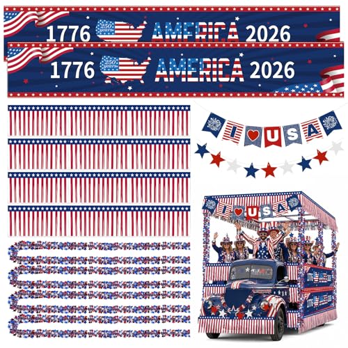 Ceenna 250th Anniversary Parade Float Decor Kit America 1776-2026 250 Years Patriotic Party Supplies with USA Banner Garden Flag Foil Fringe Tinsel Garlands for 4th of July Independence Memorial Day