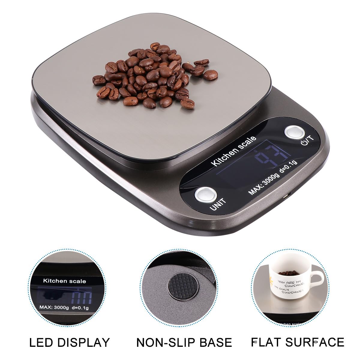 NUOBESTY Digitale Küchenwaage aus Edelstahl mit 3 Kg Kapazität und 0,1g Genauigkeit Wiederaufladbar Tragbar zum Kochen und Backen Präzises Lcd Display