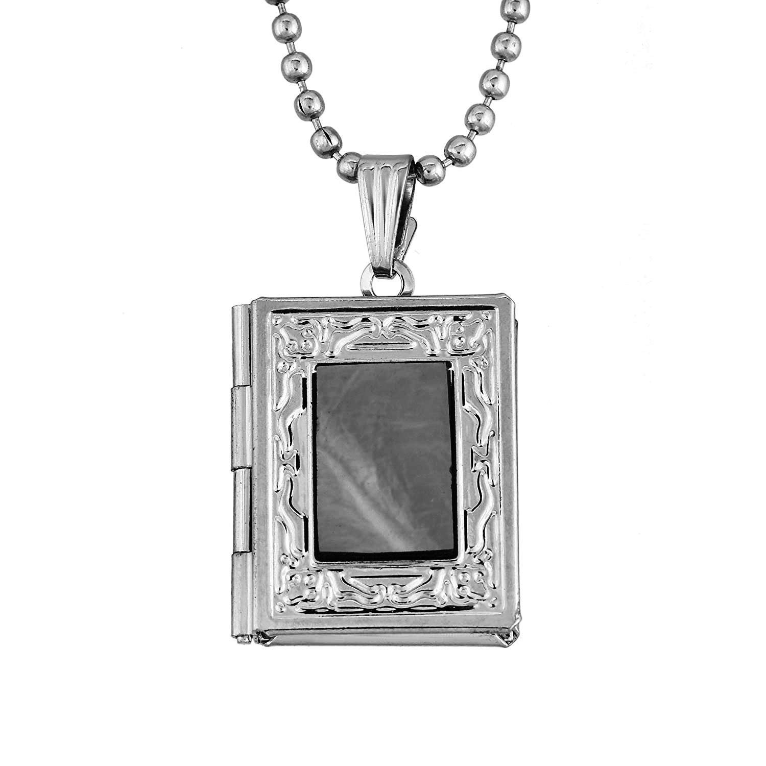 Silver Tone Vintage Engraved Flower Classic Mirror Finish Book Shaped Locket Picture Pendant Necklace for Men Women Girls