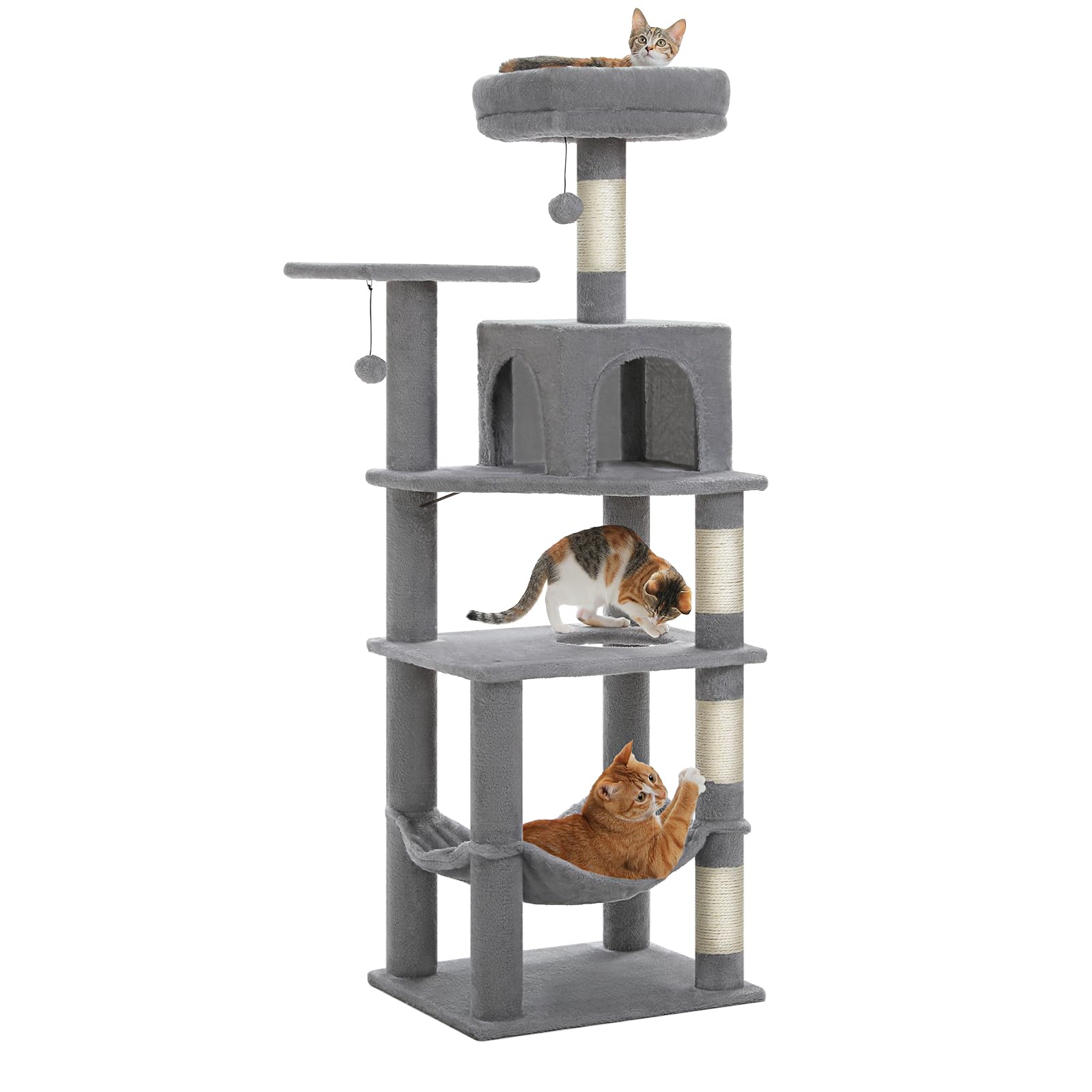 PEQULTI 56.3'' Cat Tree for Indoor Cats, Multi-Level Cat Tower with 2 Top Perch, Cat Condo, Hammock and Sisal-Covered Scratching Post, Grey
