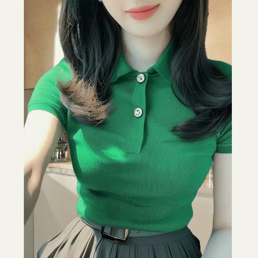 GLDFW Estate Solido Manica Corta Elegante Slim Fit Stile Coreano Colletto Polo Hot Girl Top Donna