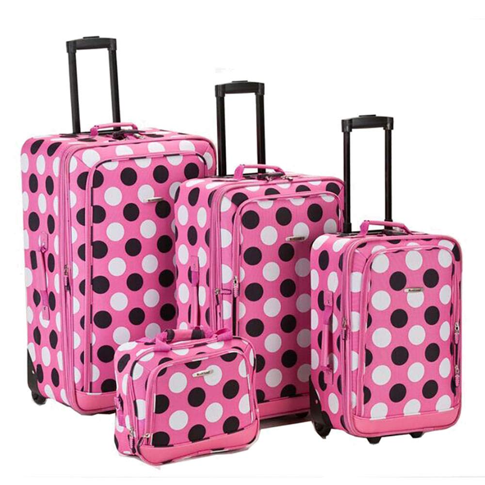 Rockland Escape 4-Piece Softside Upright Luggage Set telescoping Handles Pink Dots 14 19 24 28