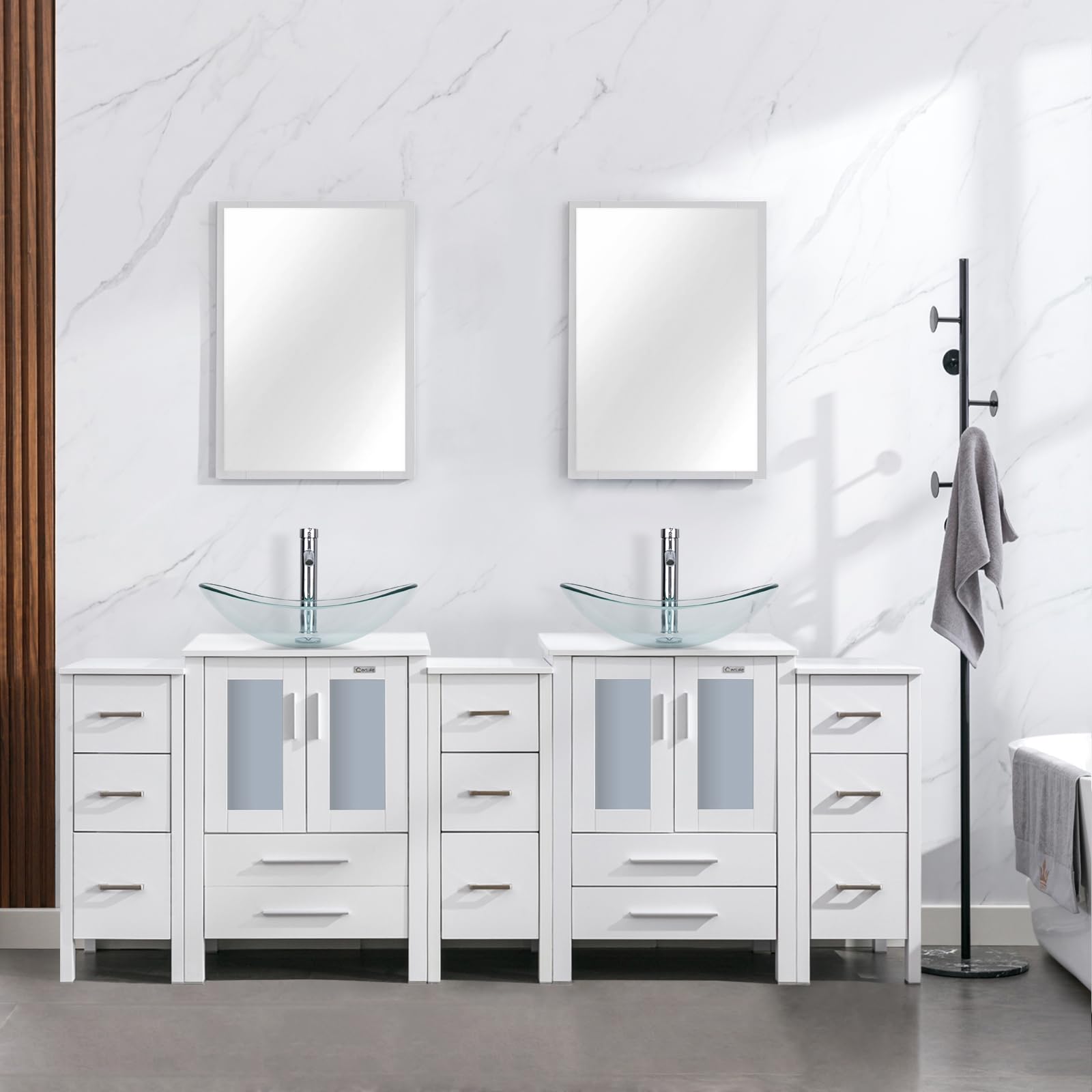 eclife 84" Modern Bathroom Vanity Sink Combo Freestanding Cabinet with Small Side Cabinet, Clear Boat Glass Vessel Sink, Water Save Faucet, Drain (