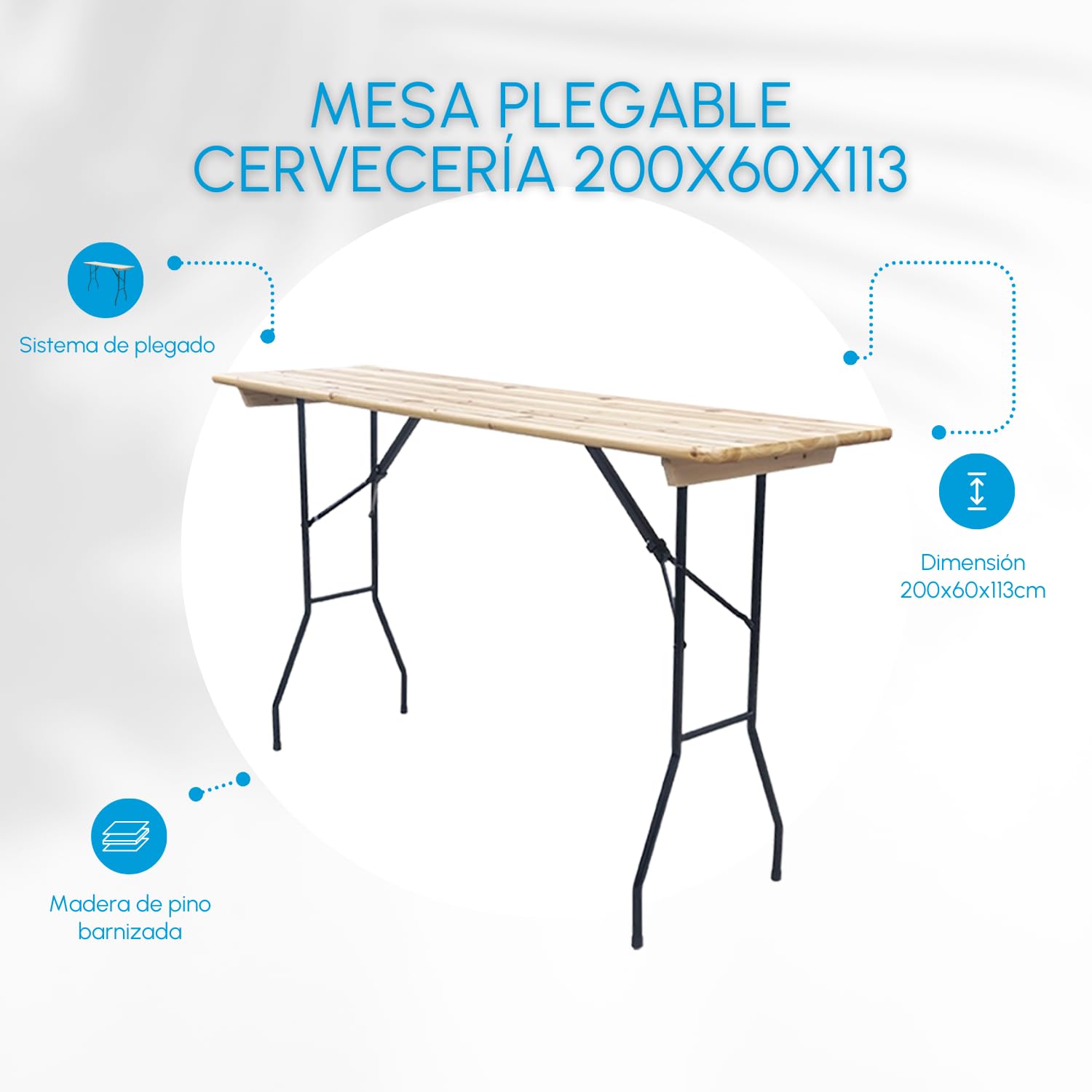 EME Mesa Plegable de cervecería de 200cm x 60cm x 113cm Tablero de Madera Pino de 24 mm de Grosor y Estructura de Acero - Mesa cervecera fácil Plegado y Transporte