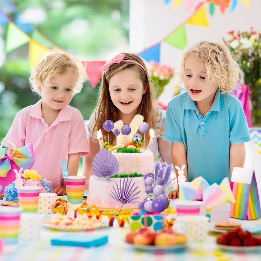 Dekoracja na tort, bombki, fioletowe dekoracje na ciasto, liście palmowe w stylu boho, dekoracja do ciasta, dekoracja DIY, dekoracja na urodziny, imprezę