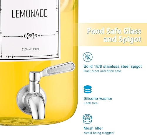 Miniatura 4 de Dispensador de bebidas de vidrio, 2 dispensadores de bebidas para fiestas, dispensador de bebidas con tapa de bambú y espita de acero inoxidable a