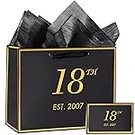 momoake 18th Birthday Gift Bag with Card and Tissue Paper for Boys Men Women, 2007 18 Year Old 13 Elegant Black Gold Anniversary Keepsake Party Present Shopping Paper Bags for Gifts Wrapping