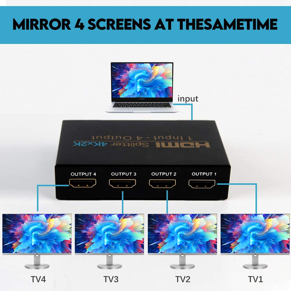 NIERBO Splitter HDMI 4 Salidas - Duplicador Compatible Con 4K 3D 1080p - 1 Entrada x 4 Salidas Distribuidor Para PS4 PS3 Xbox y Más Dispositivos