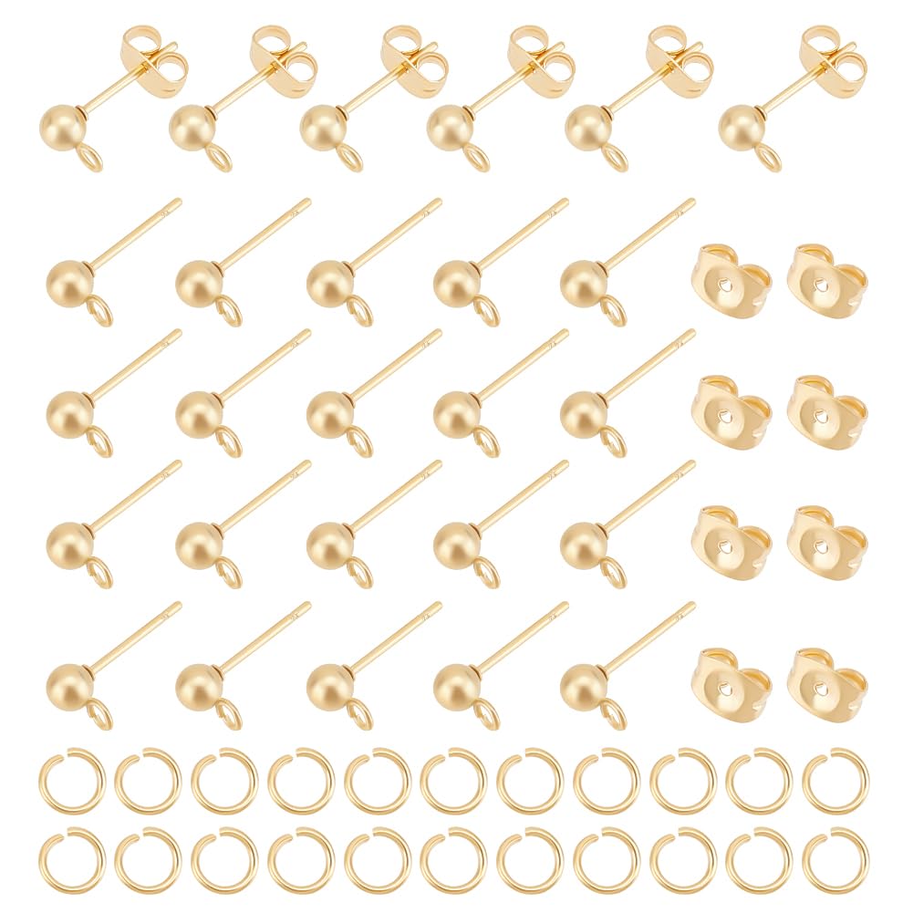 UNICRAFTALE 100pcs Golden Ball Post Earring Studs with Loops with 100Pcs Earring Backs with 100Pcs Open Jump Rings 304 Stainless Steel Ball Stud Earrings Findings for DIY Jewellery Making