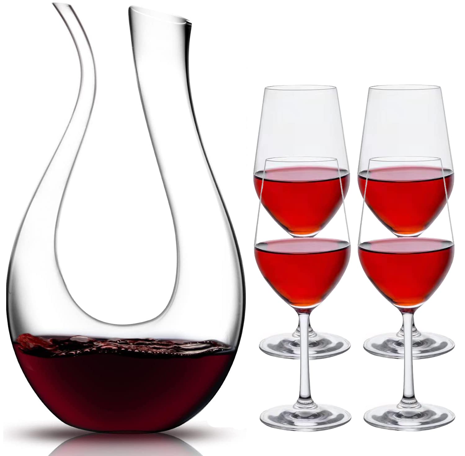 Wine Decanter - 1.5L Clear Wine Decanter Lead Free Crystal Glass Hand Blown in an 6-character Shape Design,Classic Wine Aerator Wine Accessories Wine Carafe Gift for Wine Lovers (Decanter + 4 Glass)
