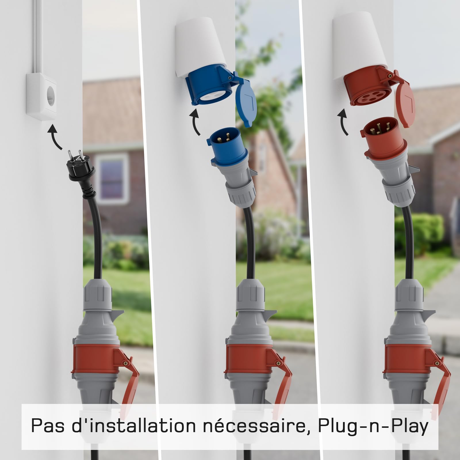 dé Adaptateur CEE 16A 5 Pôles pour 22kW Chargeur EV/Station de Charge vers Prise de CEE 16A Rouge/Bleu/ 230V avec Câble Caoutchouc 0,5m H07RN-F 3G2.5mm² IP44 Utilisation en Extérieur