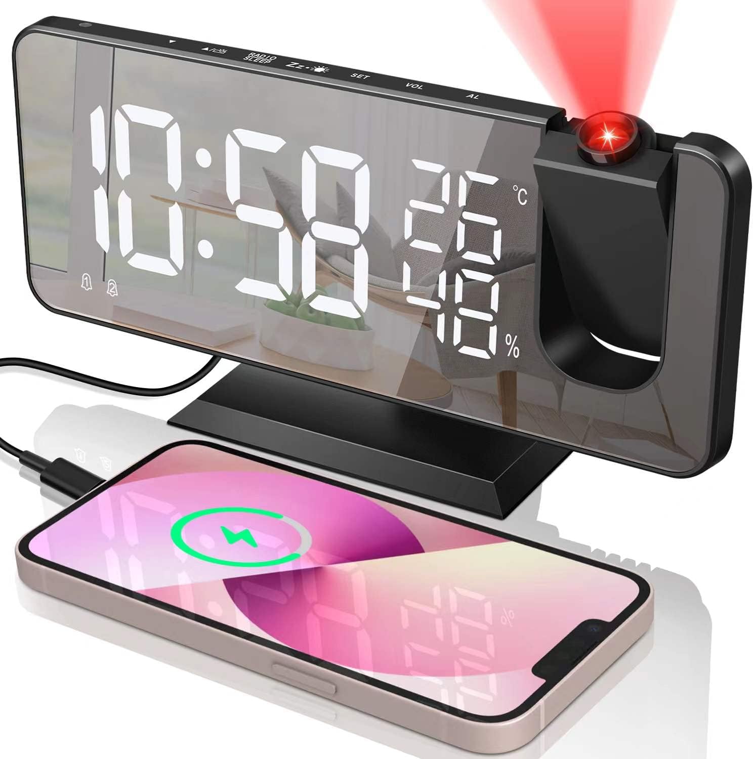 Newest 2022 Projector Alarm Clock for Bedroom Ceiling, Projection Digital Clock Radio with USB Charger Ports, Dual Alarms, Snooze Model, 4 Dimmer, 7.3”Large Mirror LED Loud Alarm