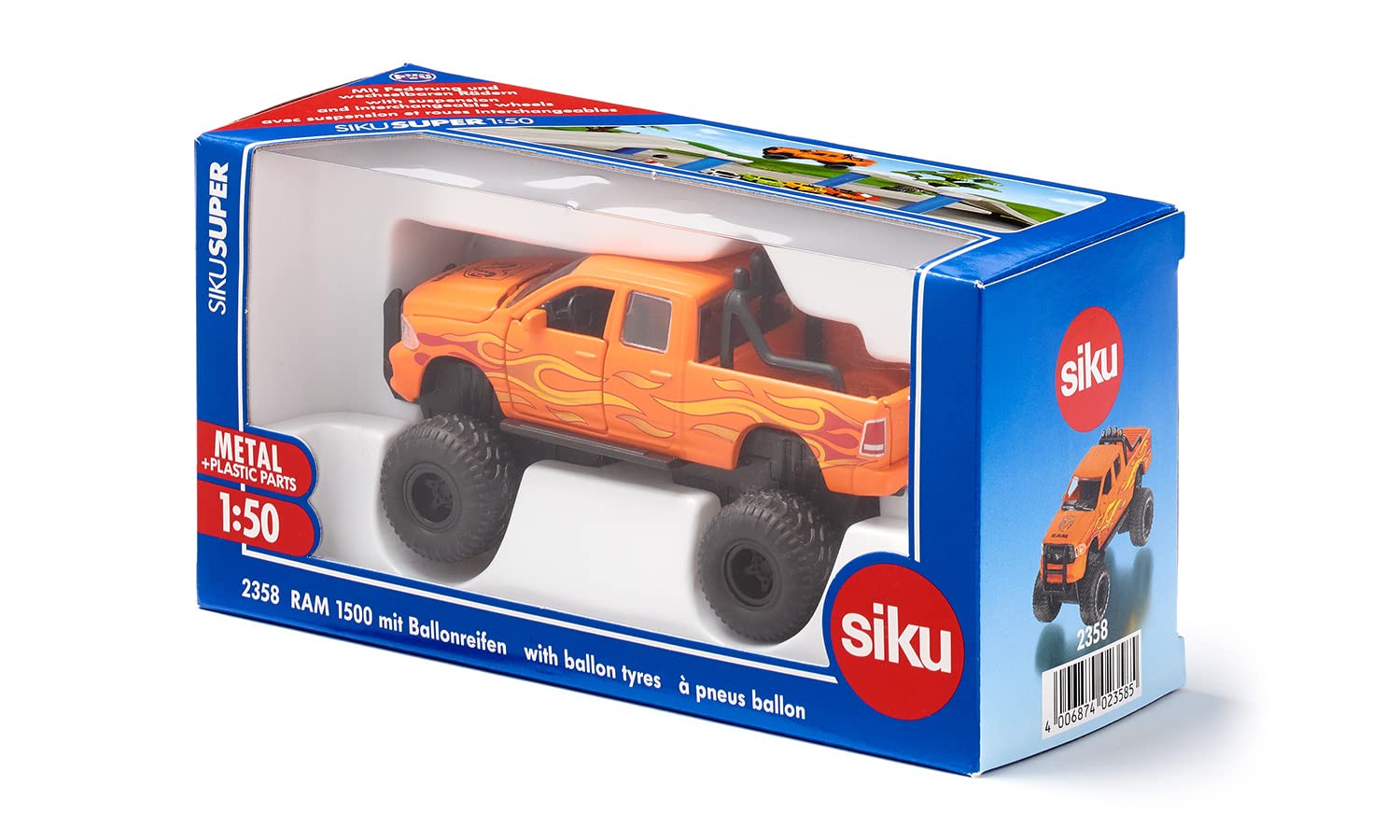 Siku 2358, Dodge RAM 1500 z oponami balonowymi, Zabawkowy samochód, 1:50, Metal,tworzywo sztuczne, Czarny,pomarańczowy, Wymienne koła, Otwierane drzwi, pokrywa silnika i klapa tylna