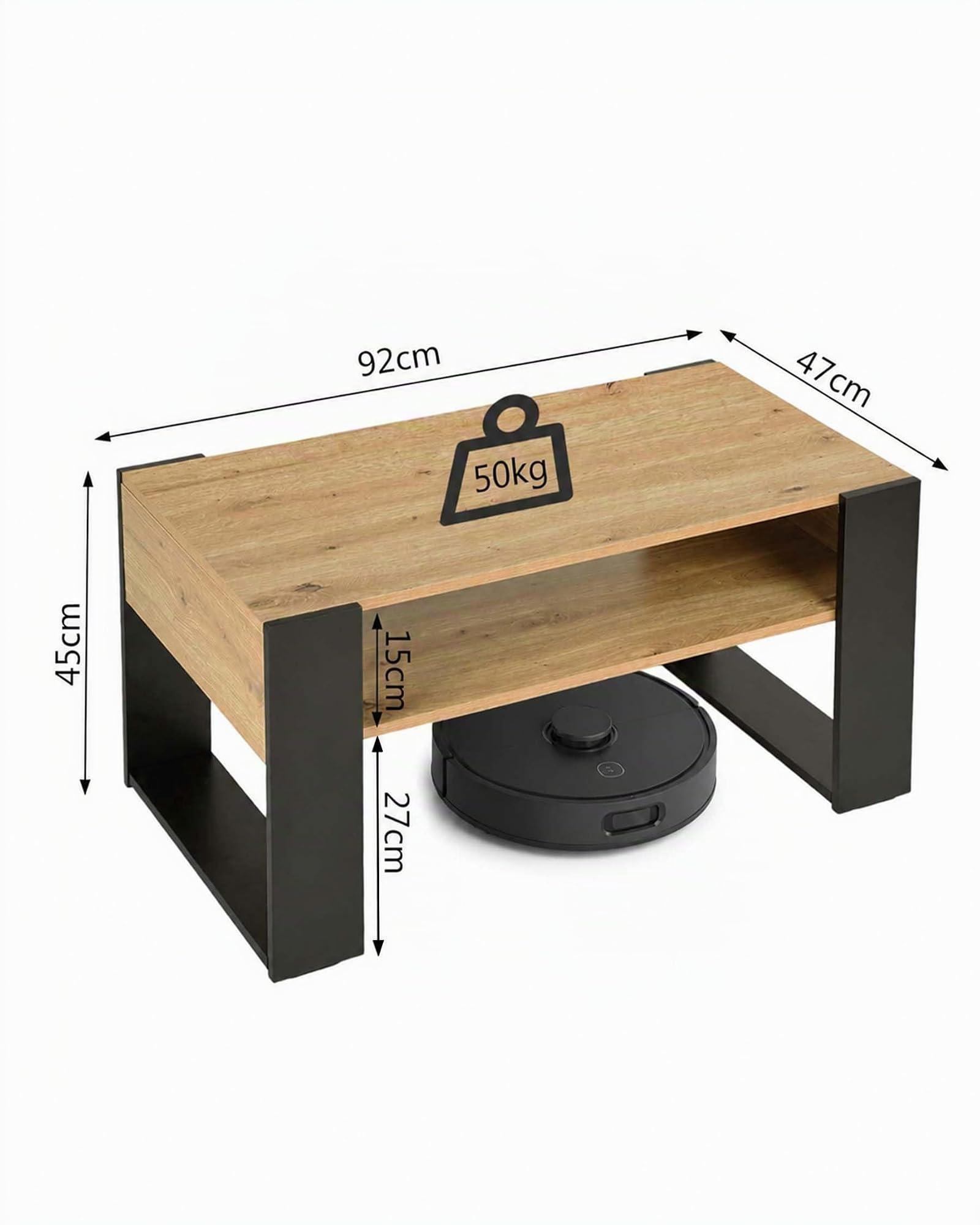 Mesa de Centro Moderna Roble y Negro con Doble Estante, Mesa de Café Estable y Maciza Tipo Loft, Mesa de Sofá Grande en Madera Laminada, 92x50x45cm