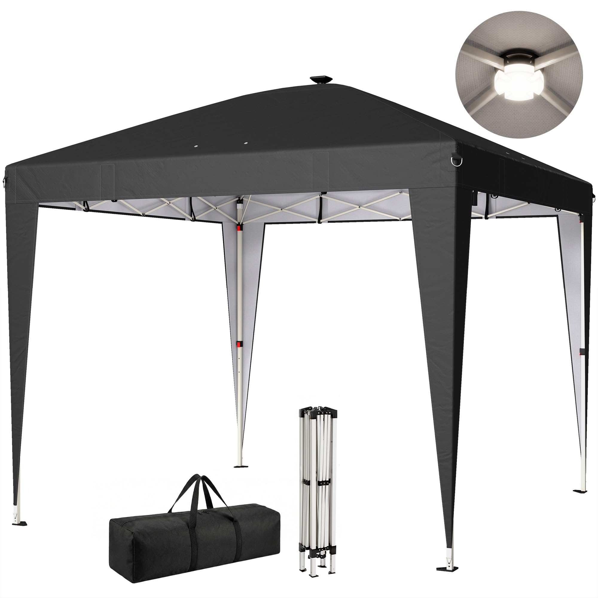 Outsunny Gazebo 3x3 m Pieghevole Pop Up ad Altezza Regolabile UV50+ Nero | Gazebo da Giardino, Luce Centrale e USB, Telecomando, Borsa da Trasporto, per Esterno Campeggio Feste