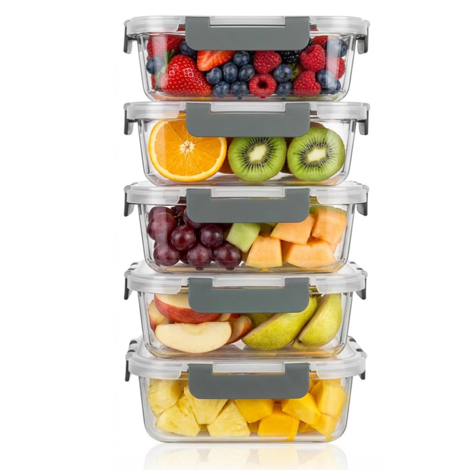 Set di 5 contenitori per alimenti in vetro borosilicato (1040 ml) con coperchi, ermetici e privi di BPA, adatti per forno a microonde, lavastoviglie e congelamento, per Meal Prep e Lunch Box
