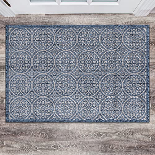 Rugshop Capri Transitional Floral Circles Textured Flat Weave Easy Cleaning Outdoor Rugs for Deck,Patio,Backyard Indoor/Outdoor Area Rug 2' x 3' Blue
