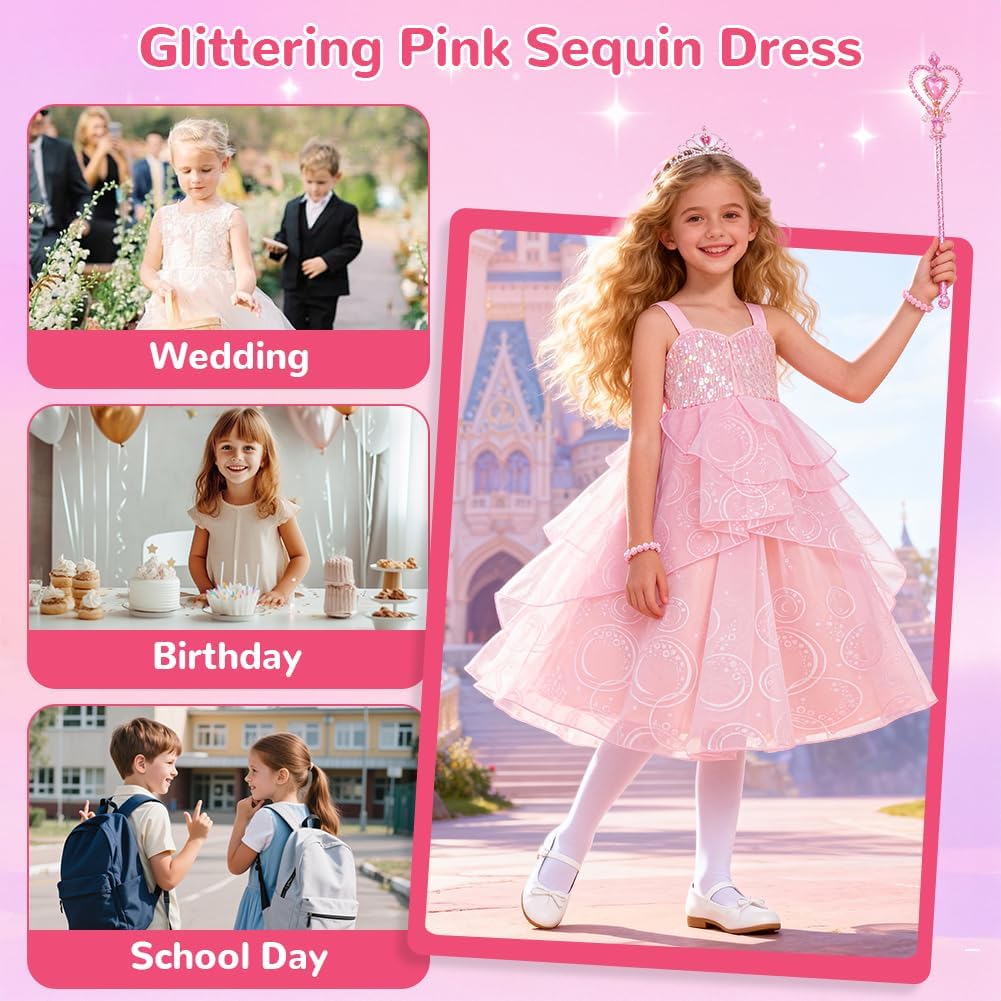 Costume Glinda Principessa Bambina, Costume da Rosa Strega per Bambini 5-12 Anni, Ragazze Rosa Tulle Abito di Glinda con Paillettes con Corona e Bacchetta Magica per Halloween Carnevale