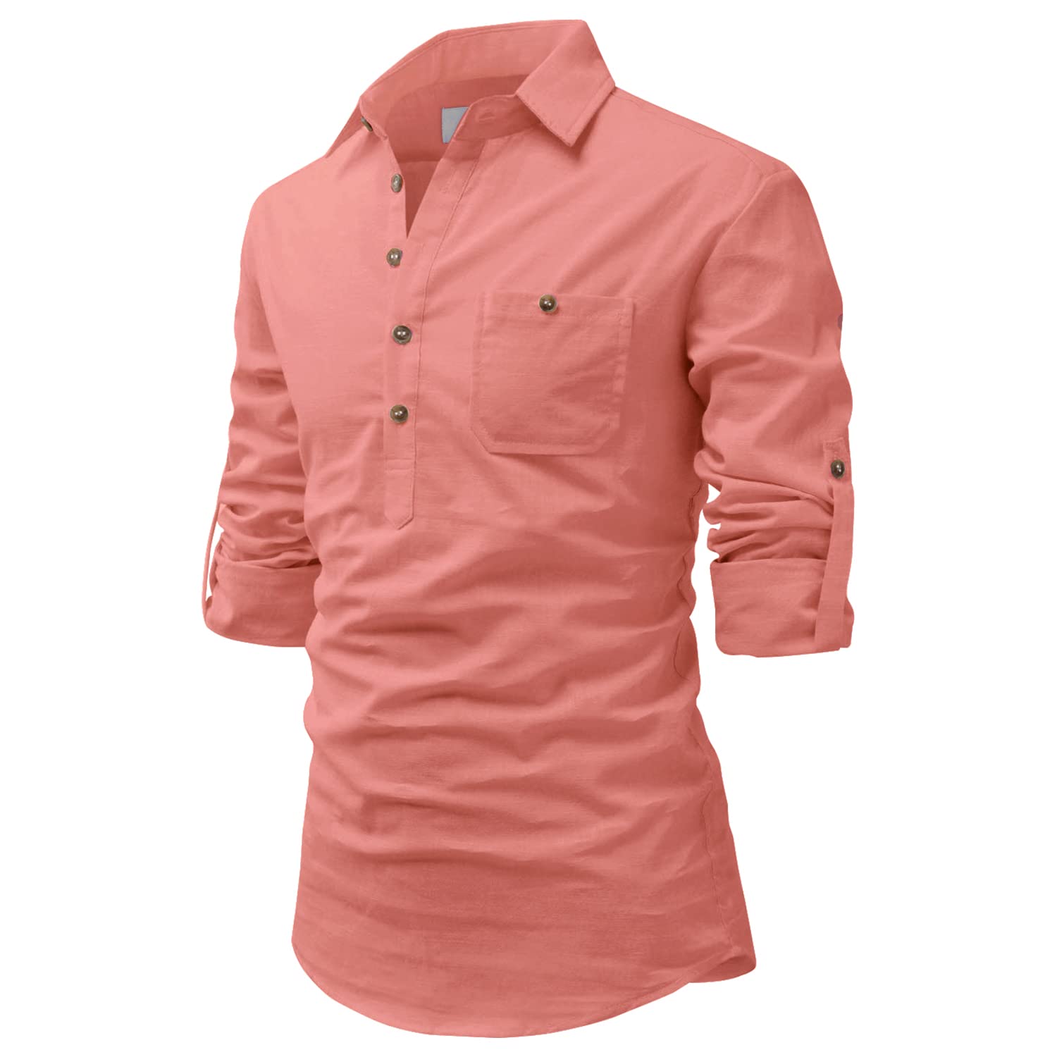 WROGN Mens Full Sleeve Regular Collared Kurta (Large, Peach) in peach