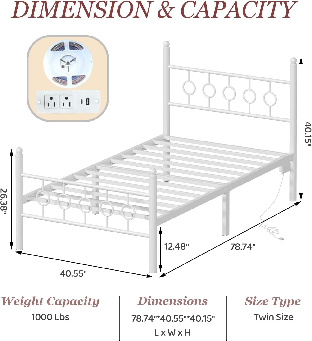 Twin Bed Frames with Headboard, LED Bed Frame with Charging Station, Metal Platform, Under-Bed Storage, No Box Spring Needed, Noise Free, Easy Assembly, White - Image 2