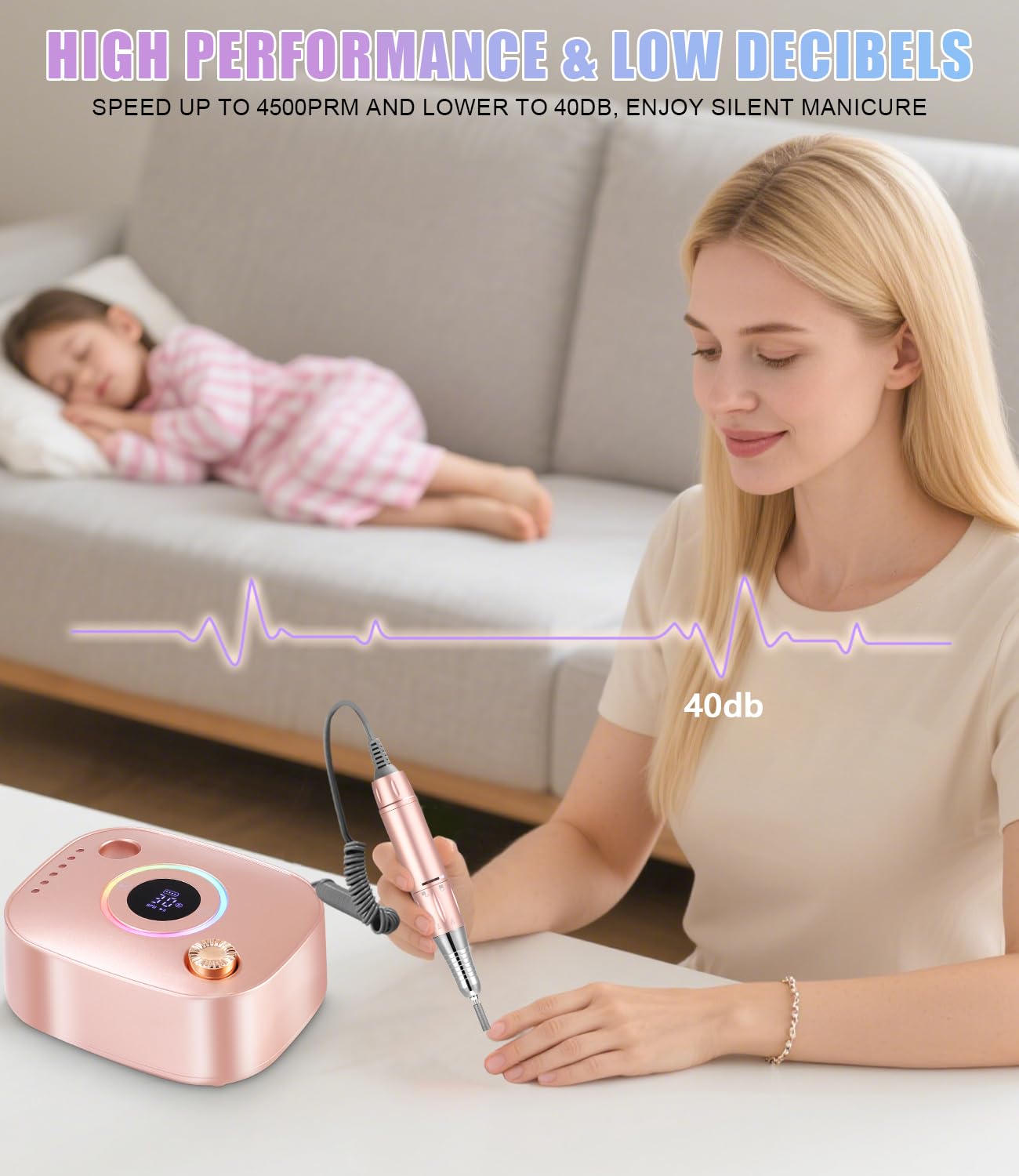 Torno para Uñas, 45,000RPM Profesional Lima Electrica Uñas, Velocidad Ajustable,Set de Accesorios para Manicura y Pedicura con Brocas de Cerámica,para Uso Doméstico Salones de Uñas