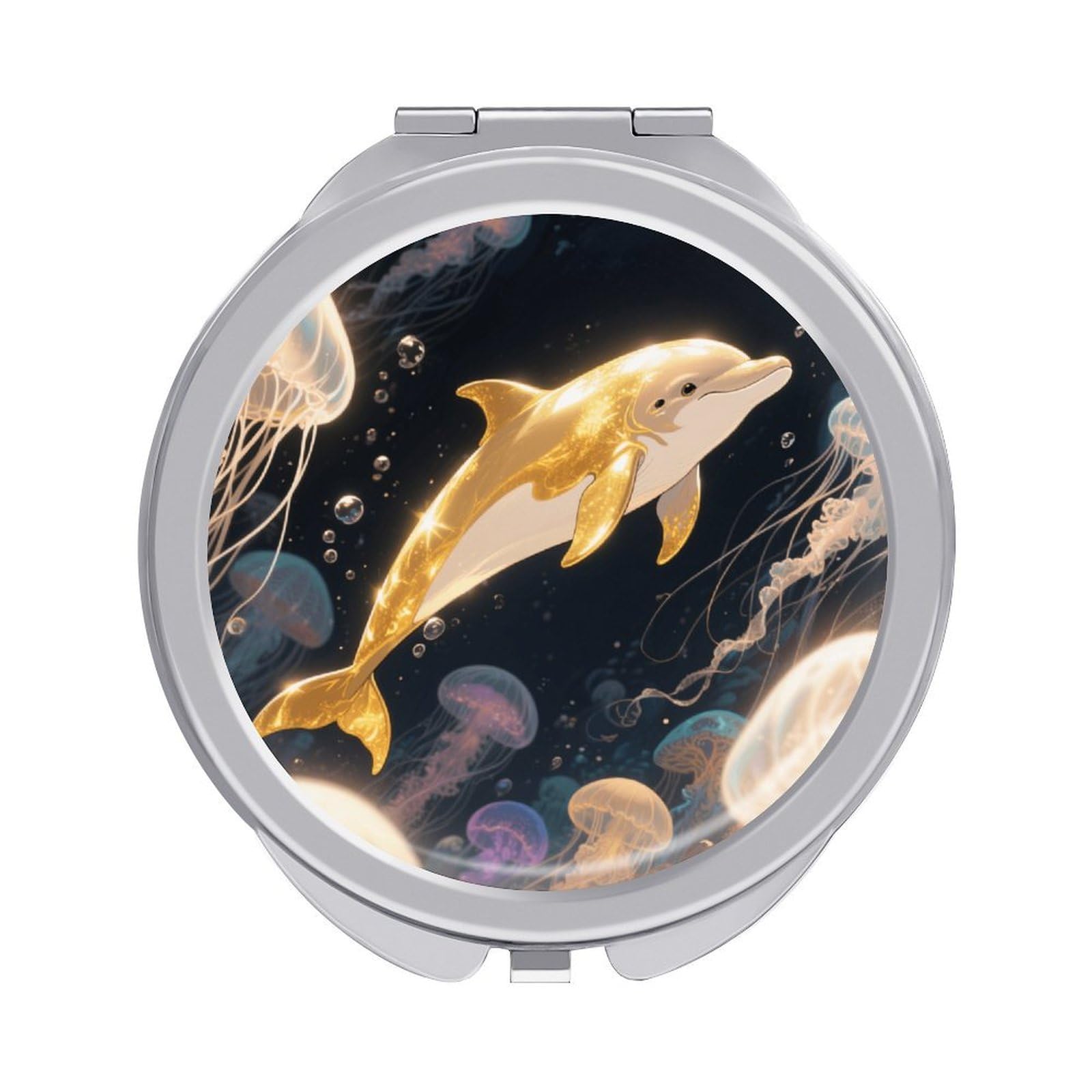 Fekiloot Style Golden Dolphin Travel Makeup Mirror Handheld Compact Mirror Portable Pocket Mirror Double-Sided 1X/2X Magnifying For Handbag And Purses