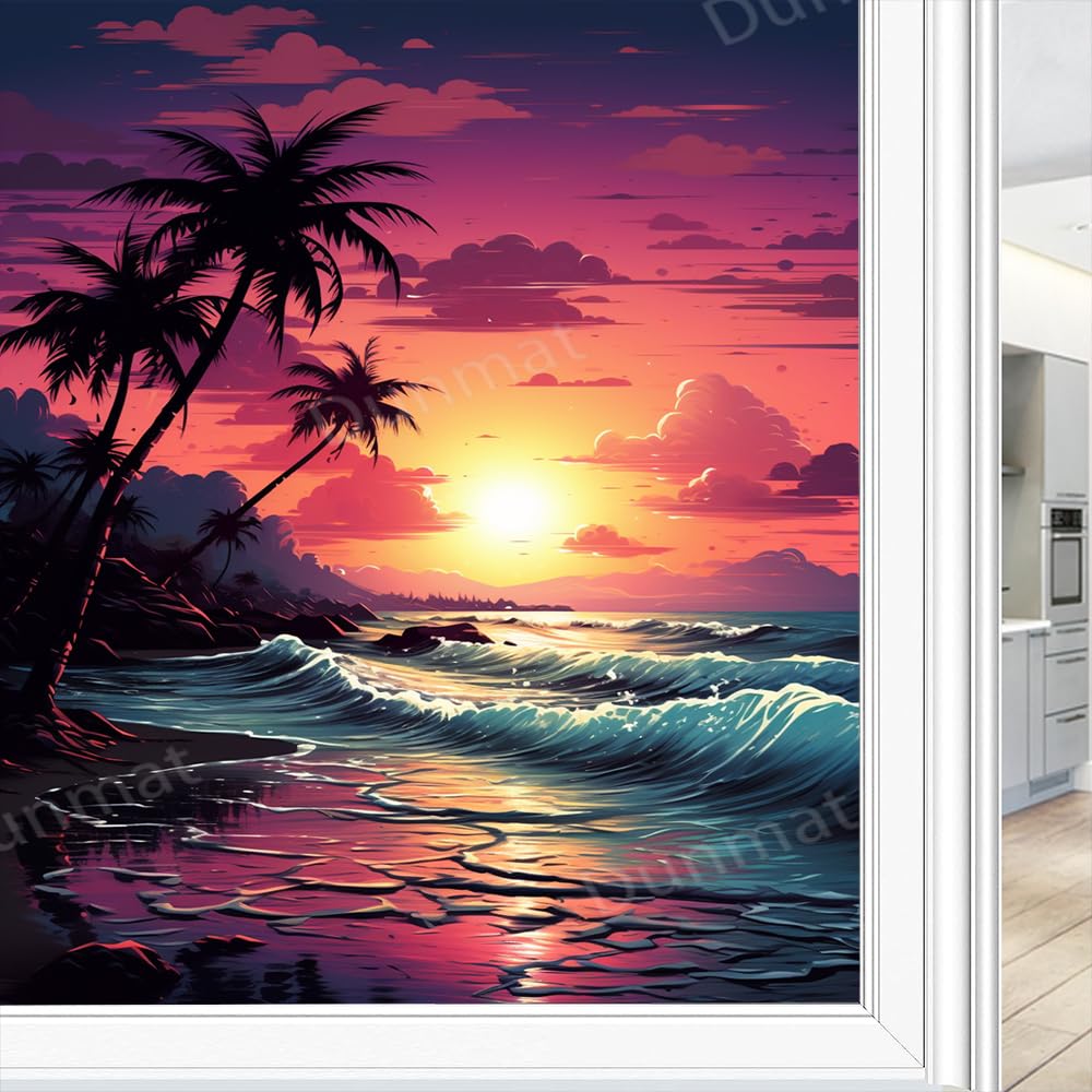 Fyfmushe Rustic Mystic Ocean Rustic Mystic Sea One Way Privacy Window Film Modern Sunset Nature Coastal Scenery Heat Blocking Window Clings Self-Adhesive Privacy Cover Film 45X60 Cm