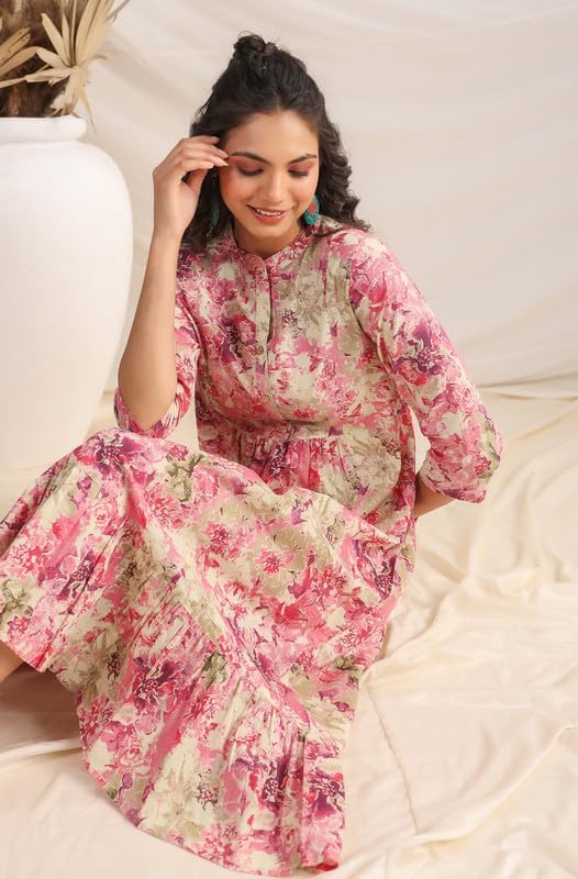 Image of Janasya Women's Cotton Pink Abstract Print Casual Wear Summer Dress for Women