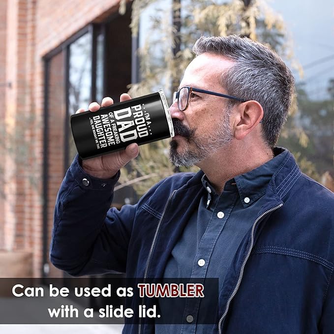 Image of SANDJEST 4-in-1 Dad Tumbler Gifts for Dad from Daughter - 12oz Funny Proud Dad Can Cooler Tumblers Cup - Stainless Steel Insulated Cans Coozie Travel Mug Christmas, Birthday, Father's Day Gift