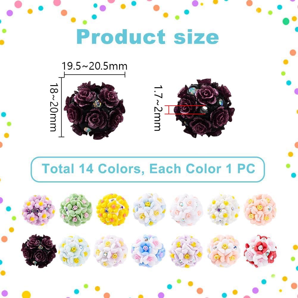 PH PandaHall 14 Colors 20mm Flower Clay Beads Candy Spring Color Glitter Spacer Beads for Beadable Pen Decoration Bling Rose Bead Rhinestone Craft Bead for Bracelet Making Chirstmas Gift - Image 2