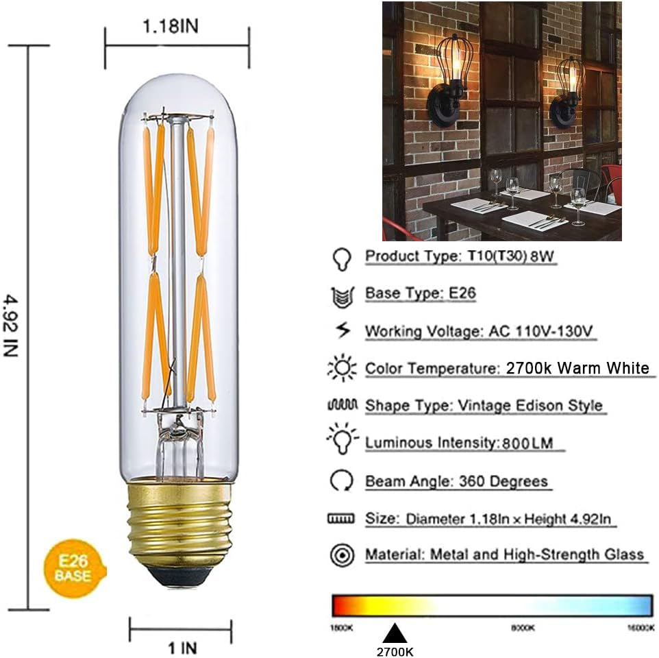 T10 LED Tubular Bulbs 8W Dimmable Warm White 2700K LED Edison Light Bulbs 80 Watt Equivalent Tube Vintage — view 3