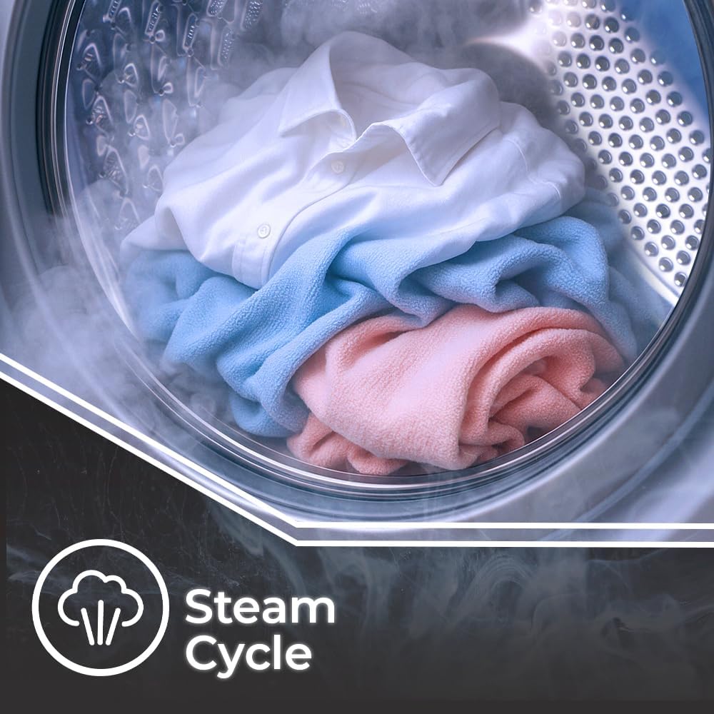 Clothes being washed with steam inside the drum