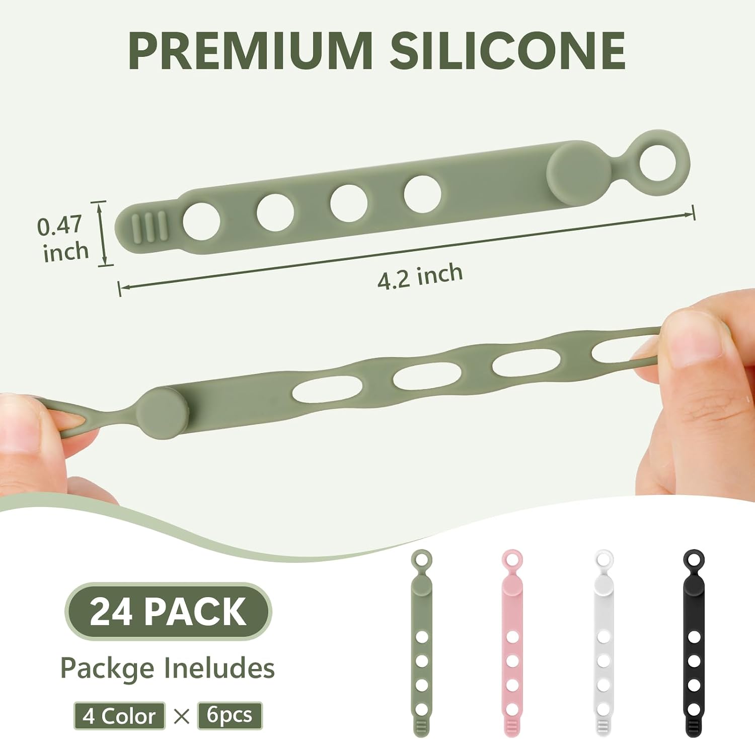 24Pcs Silicone Cable Ties Cord Organizer Cable Management - 4 Colors | Elastic Reusable Cable Straps for Earphone, Phone Charger, Computer Wires, Cap in Home,Office,Kitchen,School,Travel,Hiking